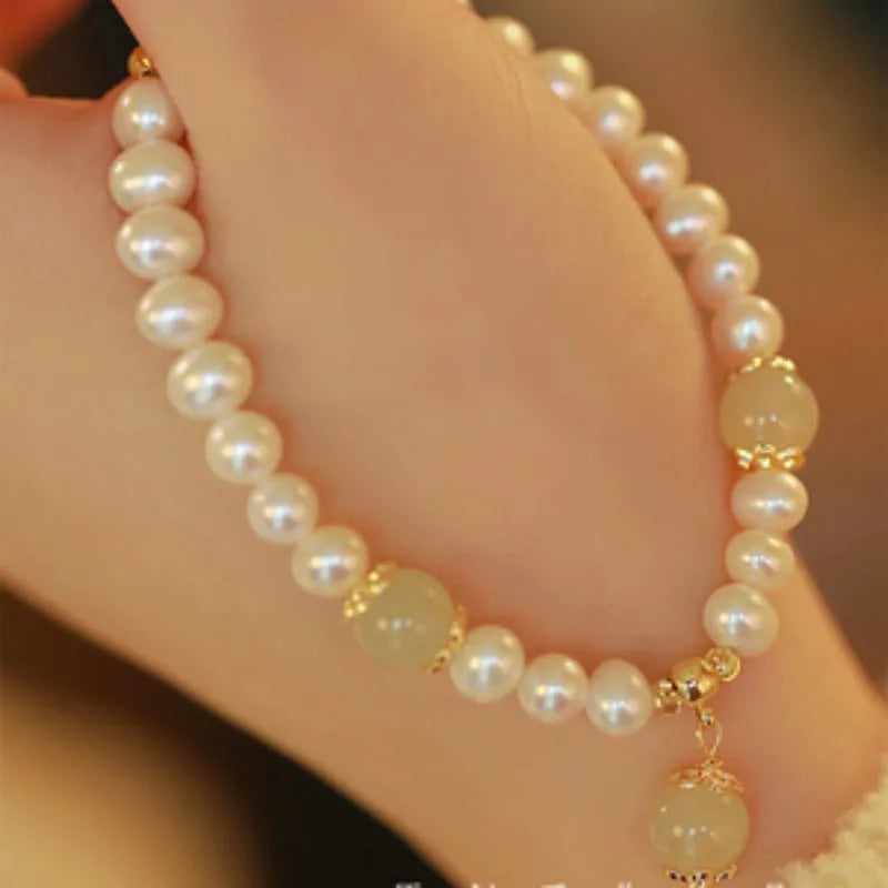 luckacco pearl hotan jade female beads high quality near round natural freshwater chain bracelet jewelry for women birthday gifts