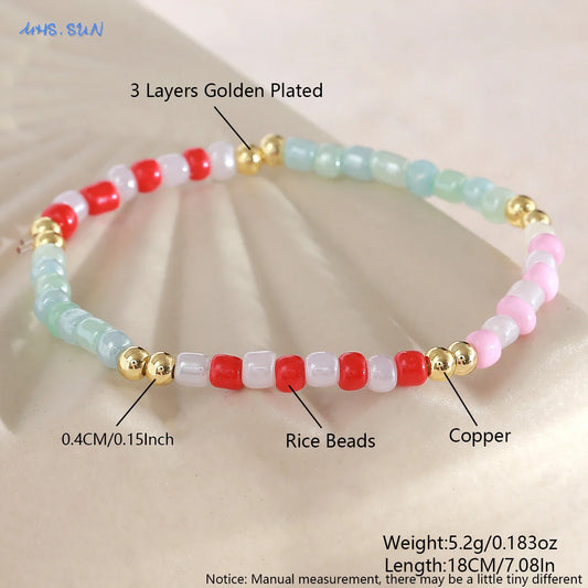Luckacco MHS.SUN New Bohemian Gold Plated Metal Beaded Bracelets Colorful Rice Beads Bracelet Birthday Party Jewelry For Women Men