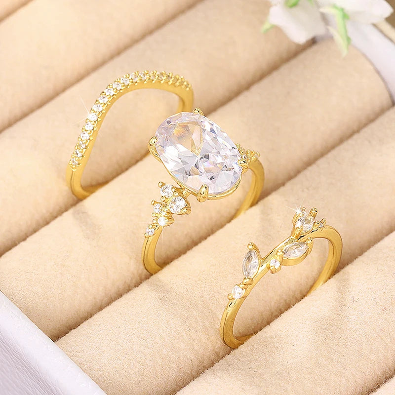 luckacco daily picks newest oval cubic zirconia 3pcs rings set luxury women accessories for engagement wedding party statement female jewelry