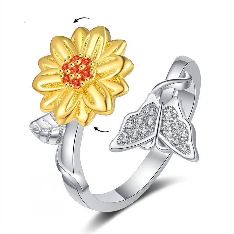 luckacco fashion fidget spinner ring anxiety for women multiple crystal sunflower finger rings rotate anti stress jewelry wedding gift