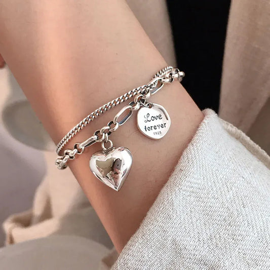 Luckacco New 925 Silver Geometric Bead Punk Peace of Mind Words Irregular String Bracelet For Woman Girl Fashion Jewelry Gift Dropship