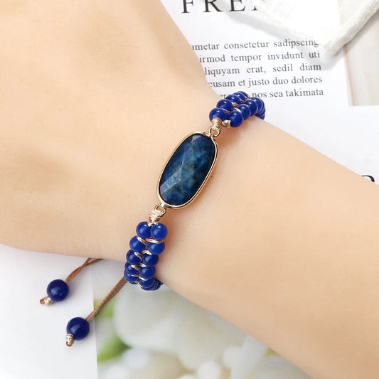 Luckacco Handmade Natural Chalcedony Stone Wrap Bracelet & Bangle Charm Lazurite Pendant Braided Beaded Bracelets Women Men Yoga Jewelry