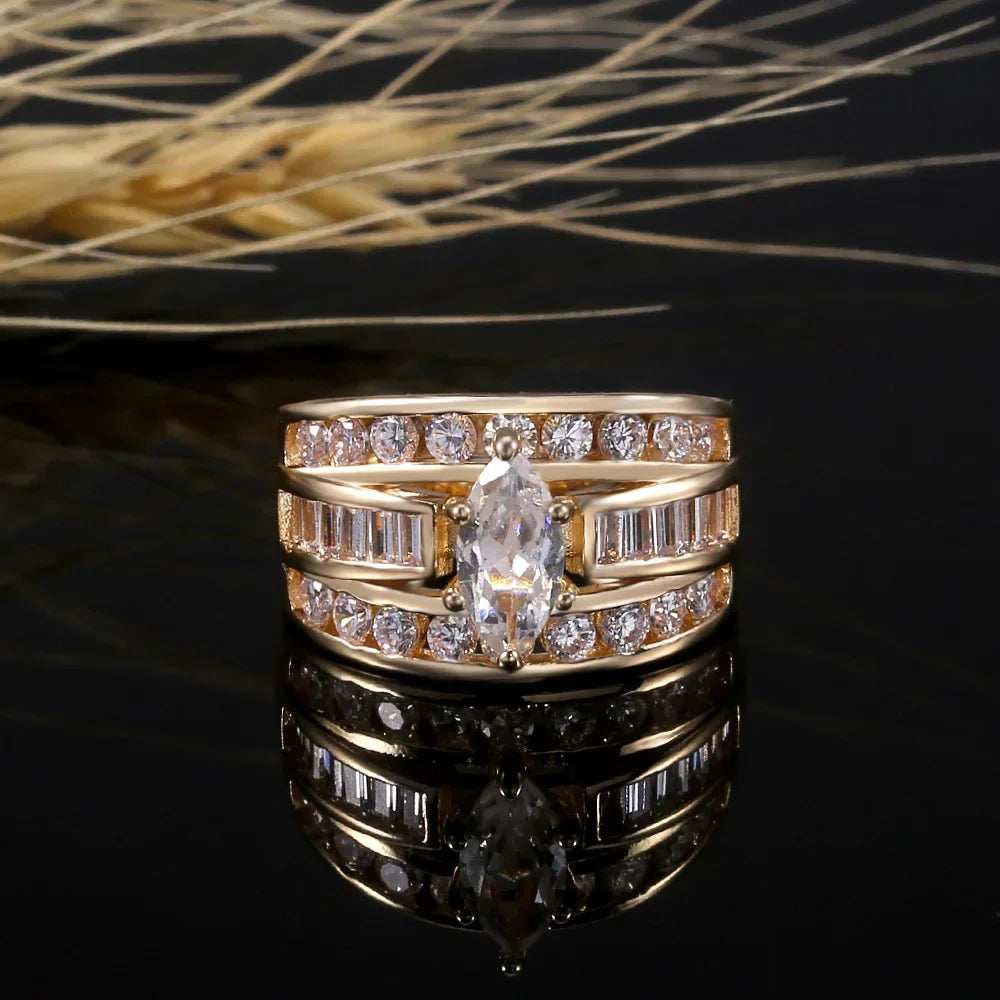 luckacco gorgeous three-row white zircon engagement rings fashion gold color party anniversary wedding rings for women