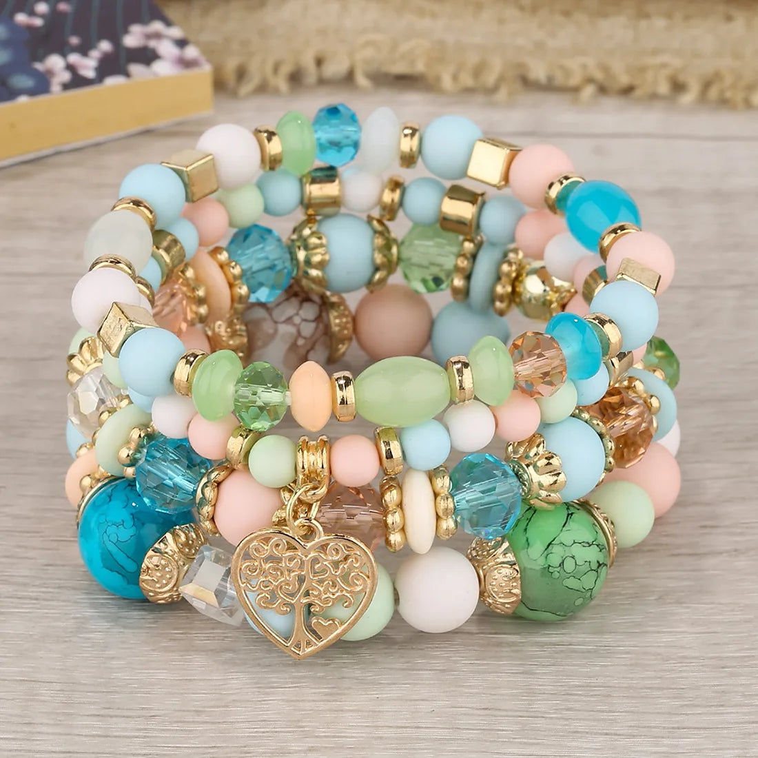 luckacco new acrylic beads chain bracelet set for women tree of life charm elastic bangle female bohemian jewelry accessories