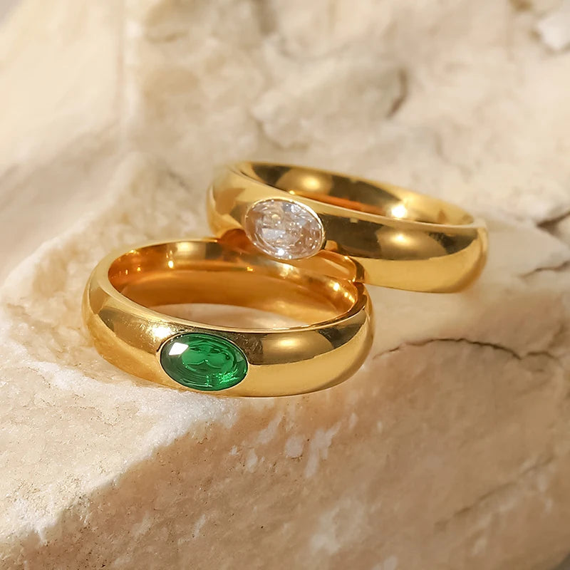 luckacco 16k gold plated stainless steel green white cubic zirconia stackable eternity bands wedding ring band for women jewelry gift