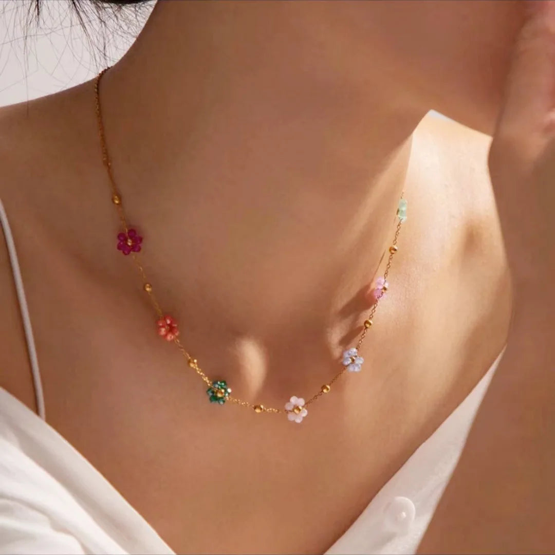 luckacco colorful flower chain stainless steel necklace bracelet set plating waterproof jewelry for ins exquisite jewelry