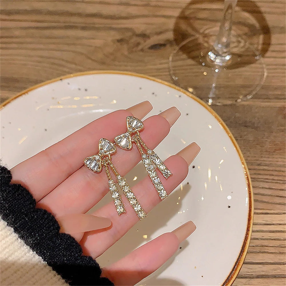 luckacco fashion zircon bow earrings acrylic crystal tassel earrings for women fashion party jewelry trendy accessories gifts
