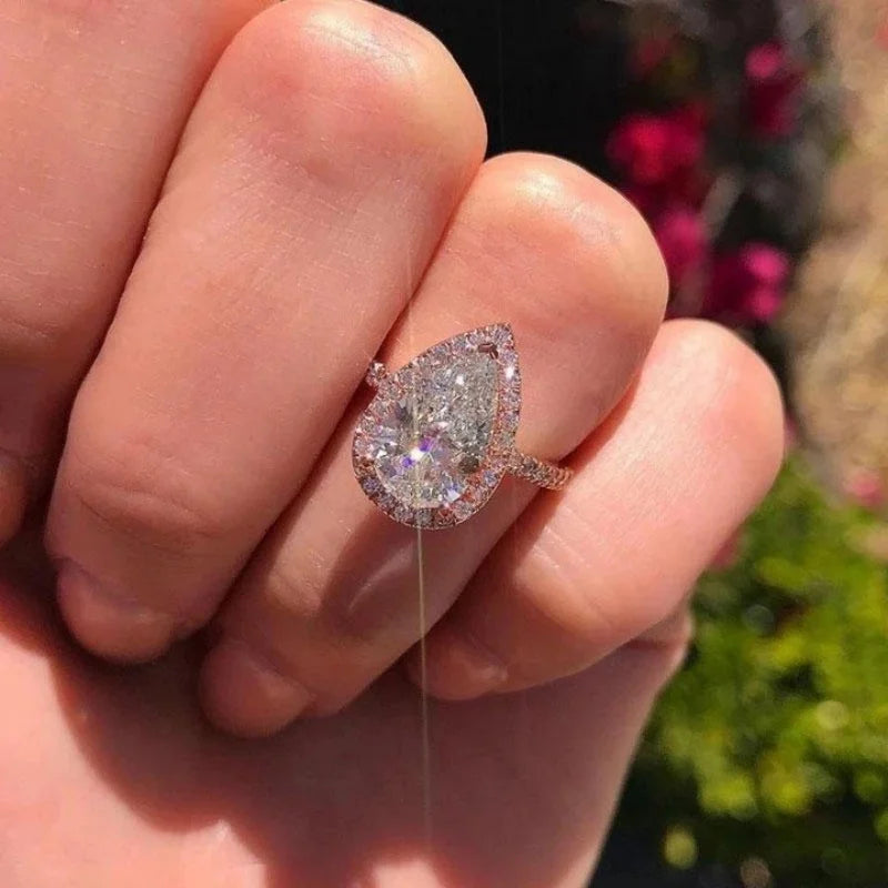 luckacco luxury crystal water drop zircon rings for women silver plated stainless steel  wedding anniversary gift party trendy jewelry