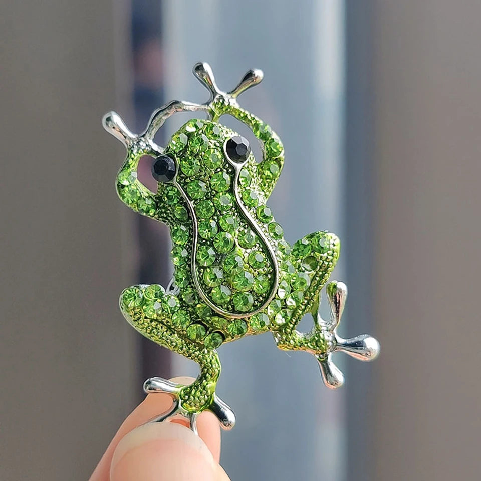 luckacco picks luxury green crystal frog brooch animal brooches pins for women dress coat accessories jewelry gift