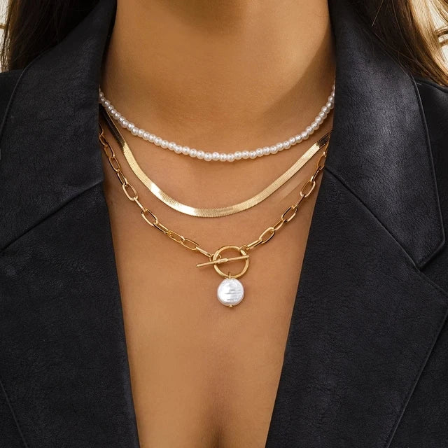 luckacco multi-layer white imitation pearl necklace bead  chain punk ladies wedding short clavicle necklac girl charm banquet jewelry