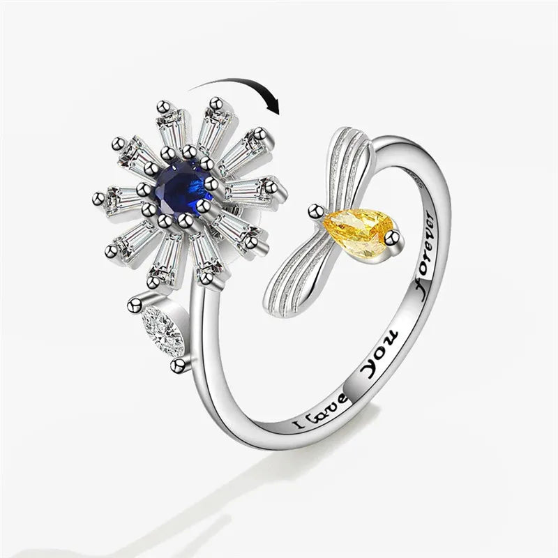 luckacco fashion fidget spinner ring anxiety for women multiple crystal sunflower finger rings rotate anti stress jewelry wedding gift