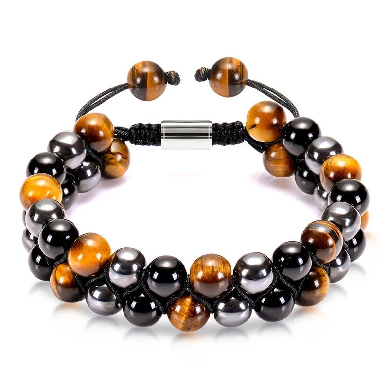 luckacco 8mm natural tiger eye stone adjustable bracelet double layer hand woven  row strand beaded bangles couple party jewelry