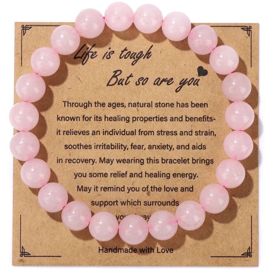luckacco natural rose quartzs bracelets for women men relaxing anxiety energy healing natural stone bead bracelet with encouragement card