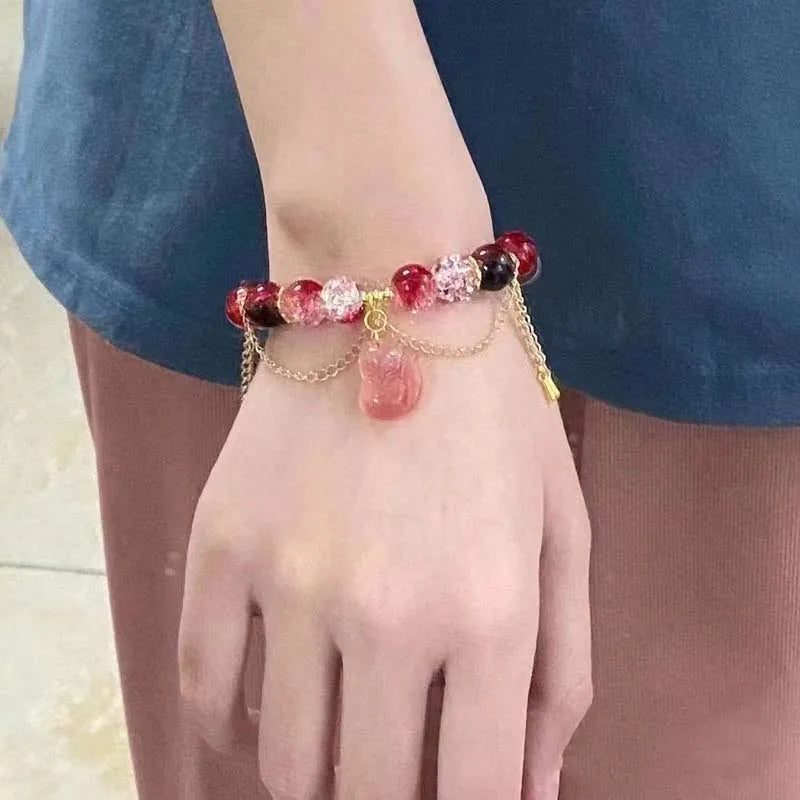 luckacco 2024 new trendy red crystal beaded bracelets for women simple tassel handmade beads fox pendant bracelets jewelry accessories