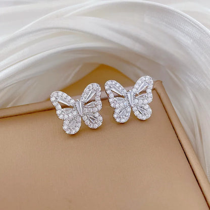 Luckacco 2Pcs Stainless Steel Hollow Crystal Butterfly Pendant Necklace Earrings Sets for Women Luxury Daily Wear Jewelry Set Birthday