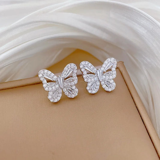 Luckacco 2Pcs Stainless Steel Hollow Crystal Butterfly Pendant Necklace Earrings Sets for Women Luxury Daily Wear Jewelry Set Birthday