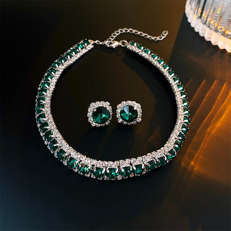 luckacco luxury green rhinestone necklace stud earrings for women crystal choker necklaces ladies fashion weddings banquet jewelry set