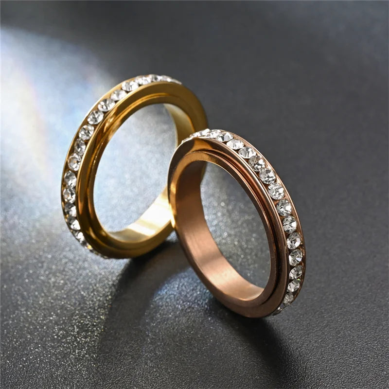 luckacco stainless steel cubic zirconia rotatable chain couple rings anti stress anxiety fidget spinner ring wedding band knuckle jewelry