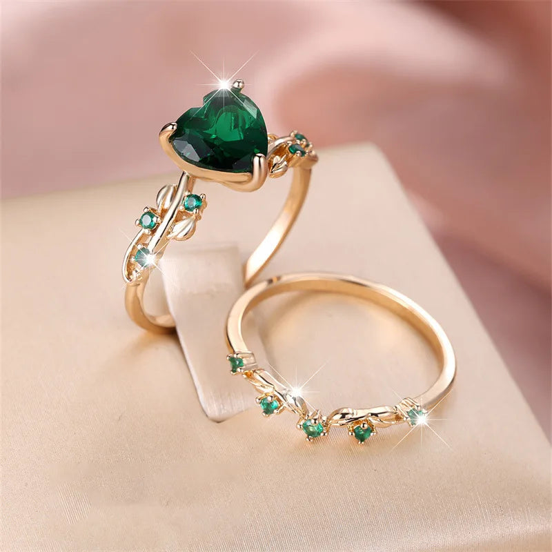 luckacco royal blue green black red stone heart ring sets for women rose gold color white zircon bridal wedding bands mothers day jewelry