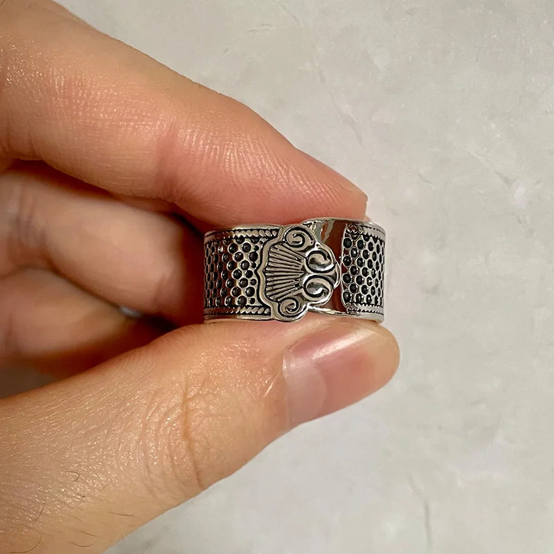 luckacco retro auspicious cloud xiangyun wide ring thimble good fortune adjustable ring handmade unisex designer jewelry accessories gift