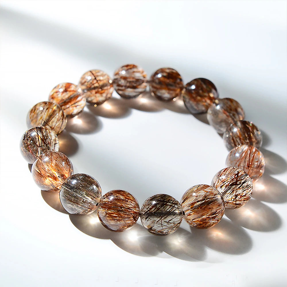 luckacco natural black golden super seven bracelet hair rutilated bracelet jewelry for woman crystal round beads stone stretch bracelet