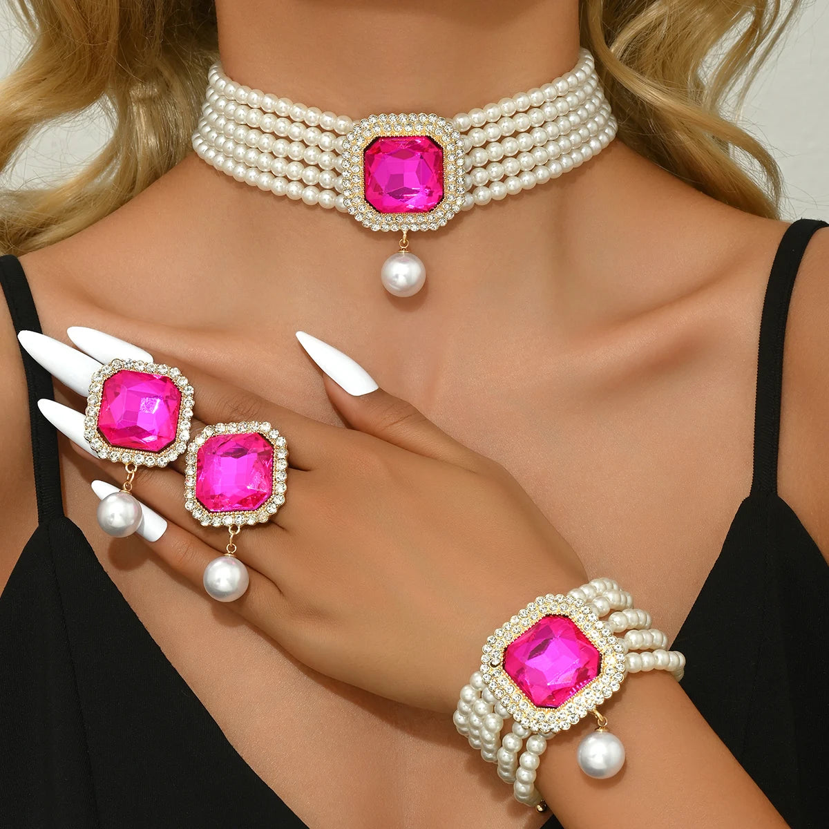 luckacco women's fashion light luxury short style imitation pearl rhinestone necklace earrings bracelet jewelry set party festival gift
