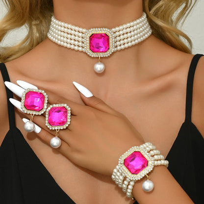 Luckacco Women's Fashion Light Luxury Short Style Imitation Pearl Rhinestone Necklace Earrings Bracelet Jewelry Set Party Festival Gift