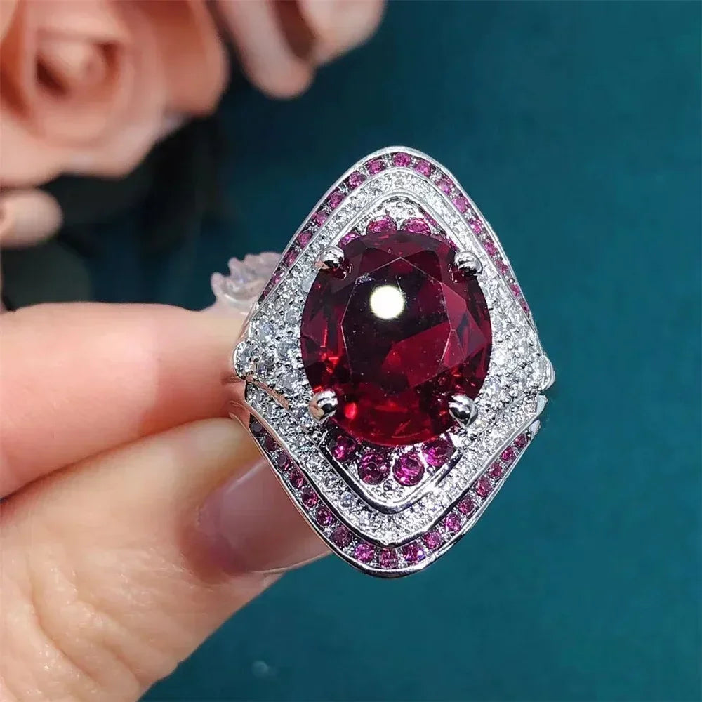 luckacco 2025 new red corundum ring for women, european and american style, large zircon, light luxury fashion party jewelry accessories
