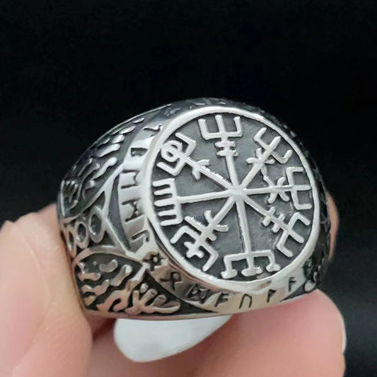 Luckacco Vintage Nordic Viking Ring Stainless Steel Men Ethnic Belief Odin Compass Valknut Tree of Life Ring Amulet Jewelry