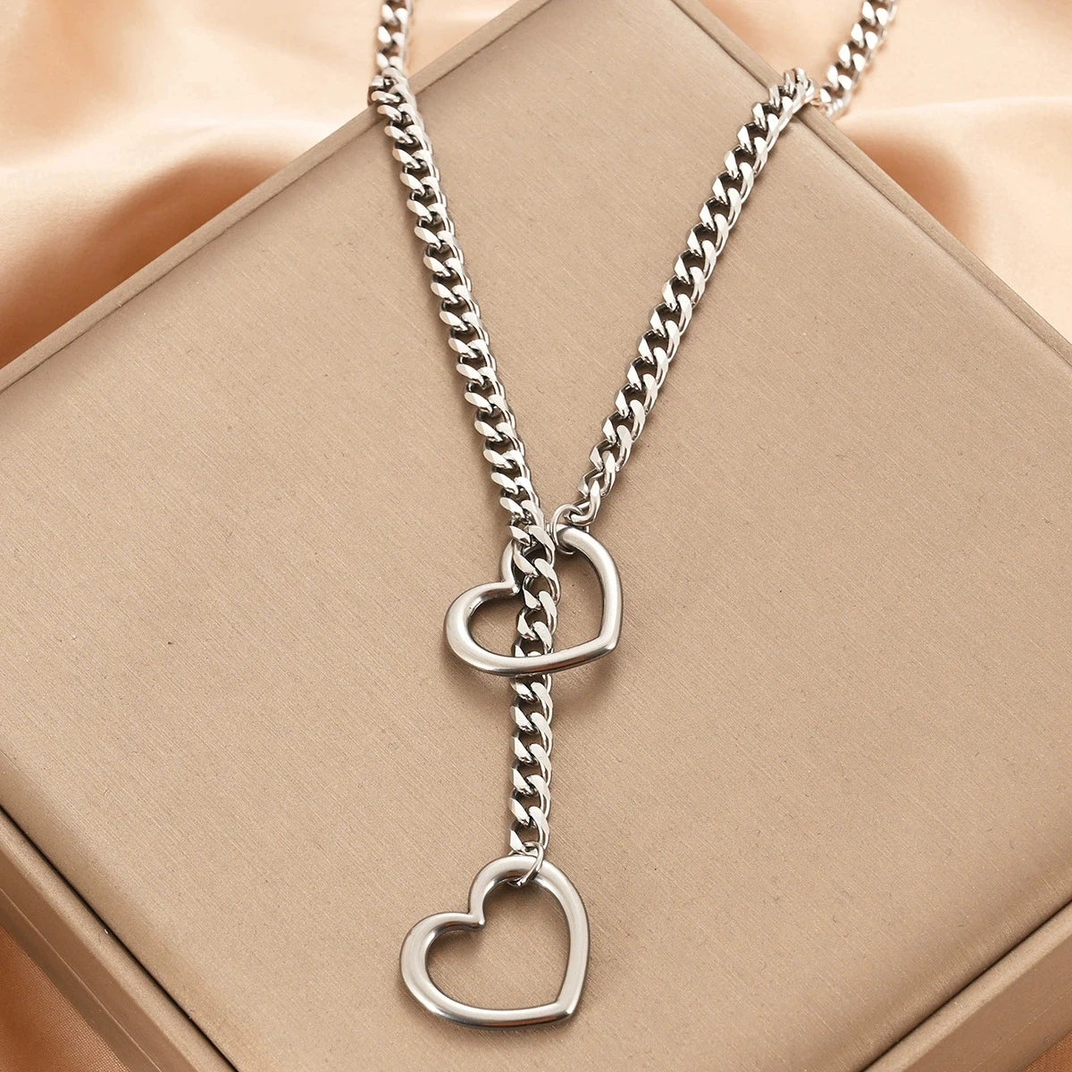 luckacco htpwe women's heart shaped o ring slip chain necklace stainless steel punk rock cuban jewelry, adjustable lariat chain jewelry
