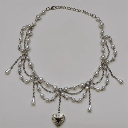 Luckacco Pearl Heart Locket Style Layered Necklace Handmade Y2K Necklace Perfect For Weddings Prom or Victorian/Regency Cosplay Jewelry