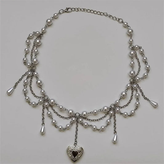 Luckacco Pearl Heart Locket Style Layered Necklace Handmade Y2K Necklace Perfect For Weddings Prom or Victorian/Regency Cosplay Jewelry
