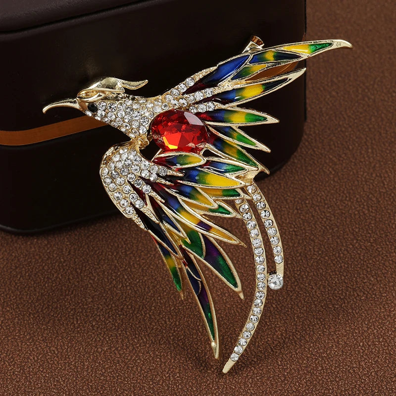 luckacco multicolor crystal phoenix brooch pin for women men enamel flying beauty bird party office accessories gifts