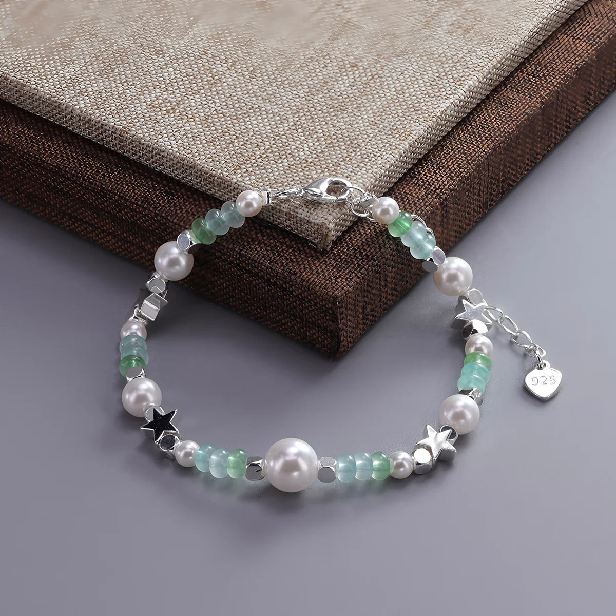 luckacco ventfille 925 sterling silver 6mm shell pearl glass bead star bracelet for women gift crushed silver jewelry