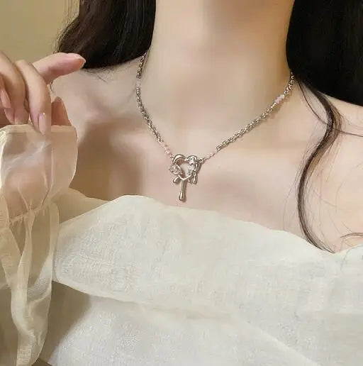 luckacco korean fashion pearl chain choker necklace for women girls 2022 trend jewelry heart pendant necklace bridal engagement