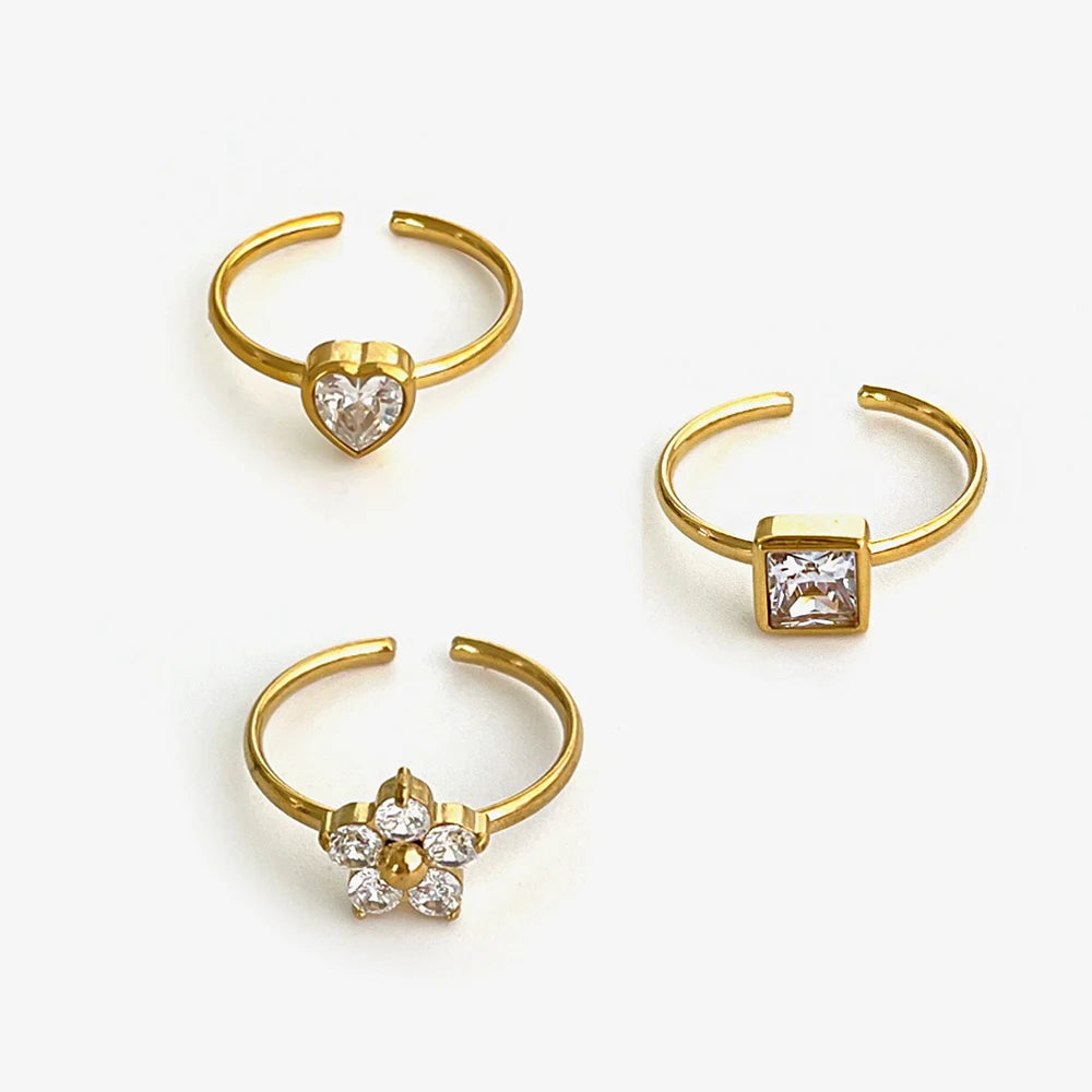 luckacco peri'sbox anti-tarnish white rhinestone square heart flower open rings women trendy multi-layer v-shaped ring wedding party gift