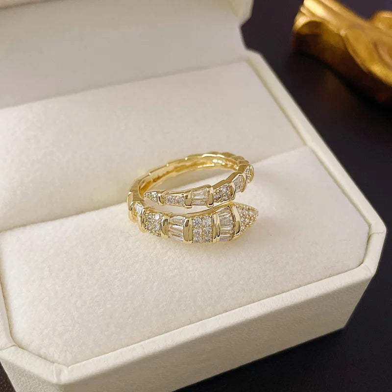 luckacco 2025 new in snake bone open ring for women shiny cubic zirconia copper rings couple funny party jewelry gifts