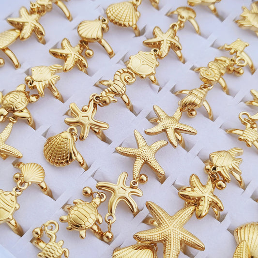 Luckacco 10 Pcs Stainless Steel Ocean Shell Conch Sea Turtle Fish Tail Dolphin Bead Ring Jewelry Size Opening Adjustable Party Gift