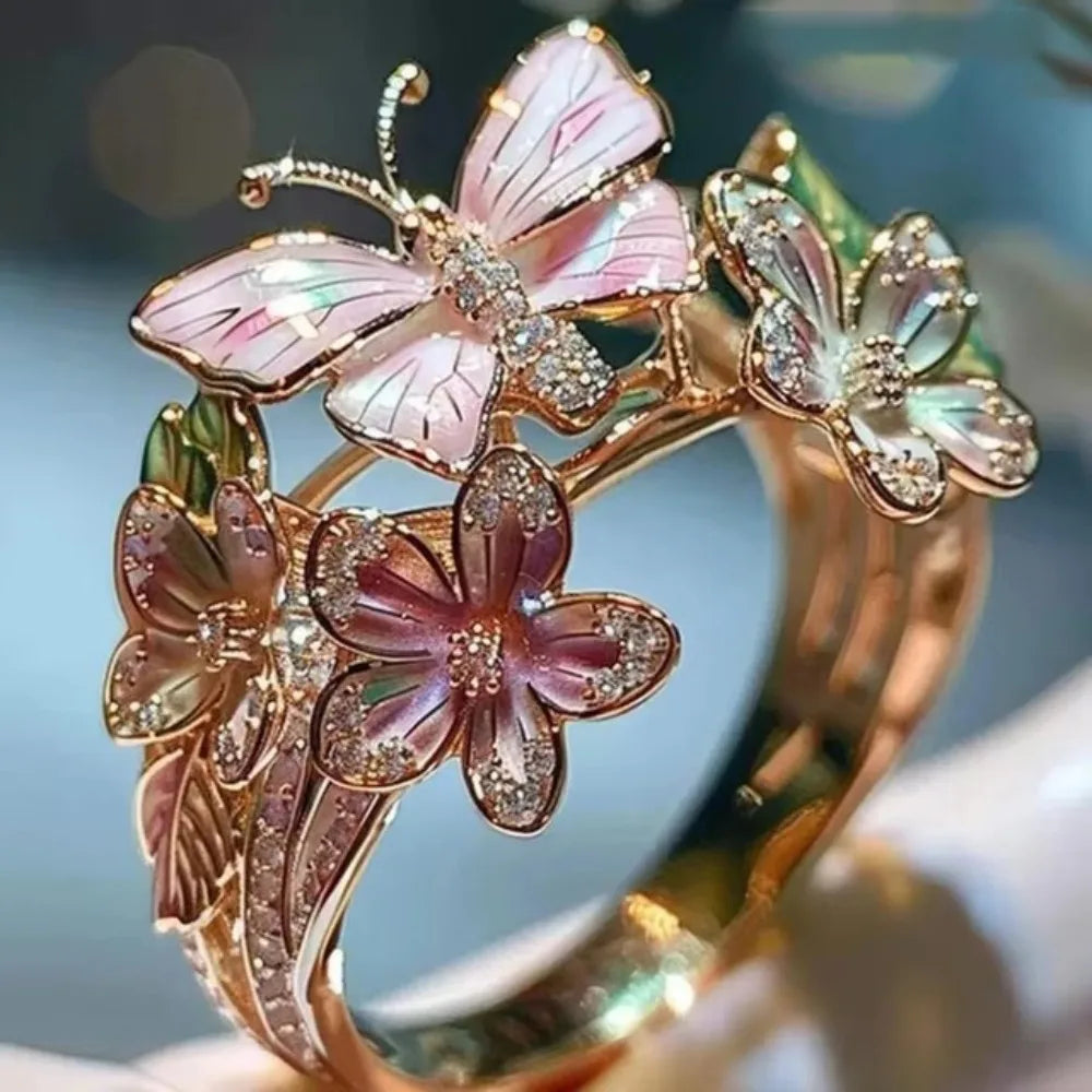 luckacco aesthetic flower butterfly rings for female romantic rhinestone stylish non-fading opening ring women wedding jewelry party gift
