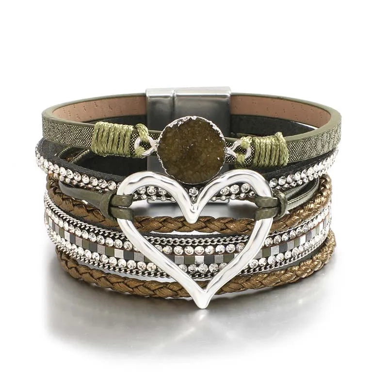 luckacco amorcome fashion braided leather wrap bracelets bangles multilayer resin stone hollow heart charm bracelets women gift pulseira