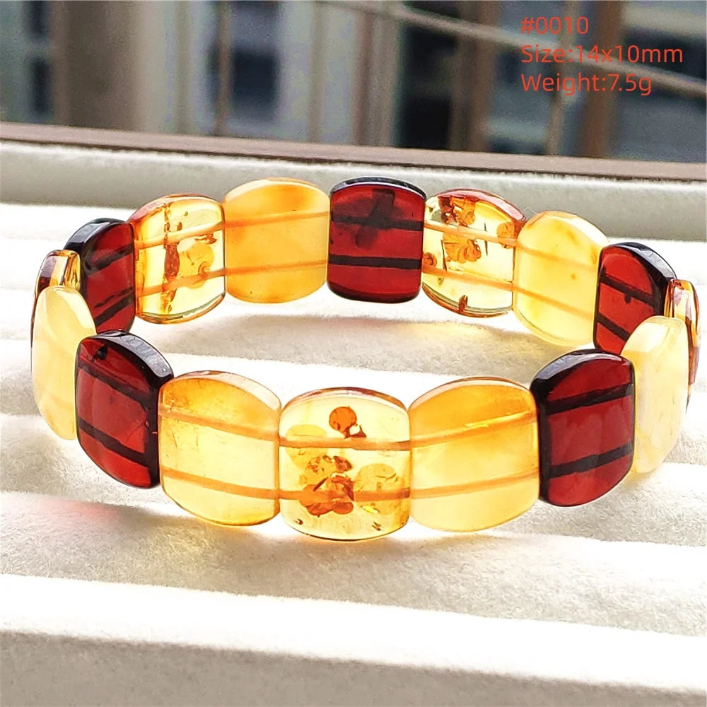 luckacco natural piebald amber bracelet rectangle beads blood red yellow flower amber women men healing stretch jewelry aaaaa