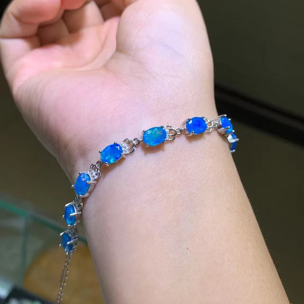 luckacco trendy natural blue opal crown bracelet sterling 925 silver gemstone 5*7mm for women birthday party fine jewelry gift