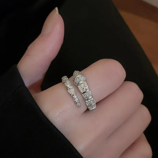 Luckacco Versatile Fashion Trendy Snake Shaped Open Rings for Women High-end Zircon Stainless Steel Adjustable Rings Jewelry Accessories