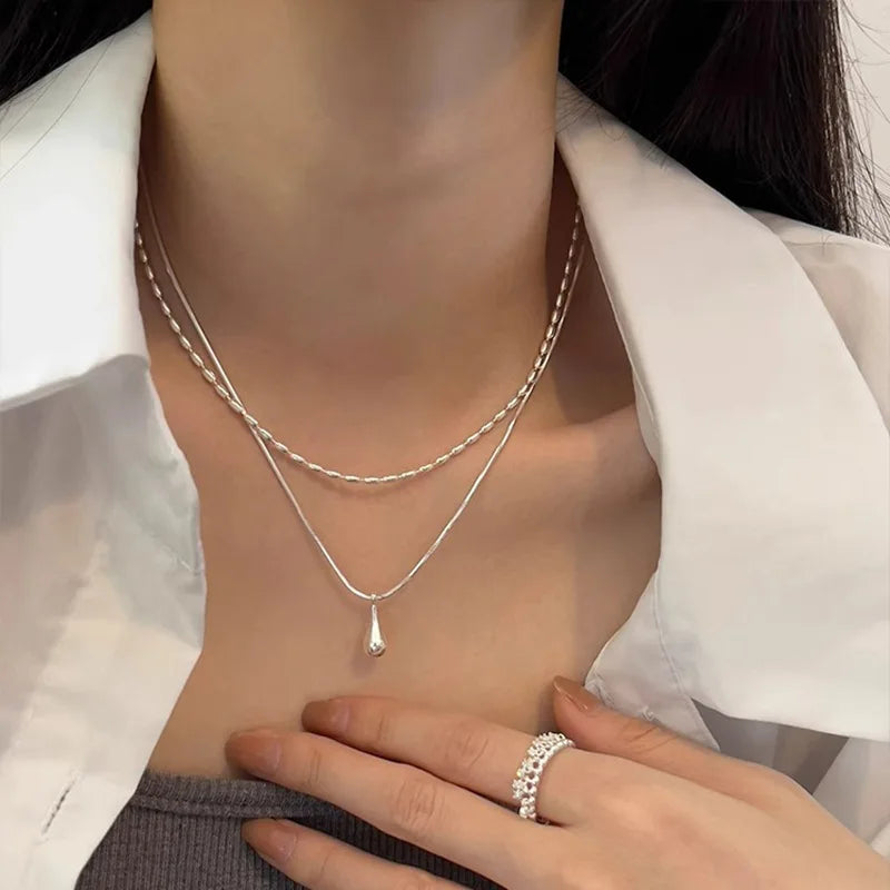 luckacco new 925 sterling silver double layer necklace exquisite geometric shape pendant choker birthday party gift women's fine jewelry
