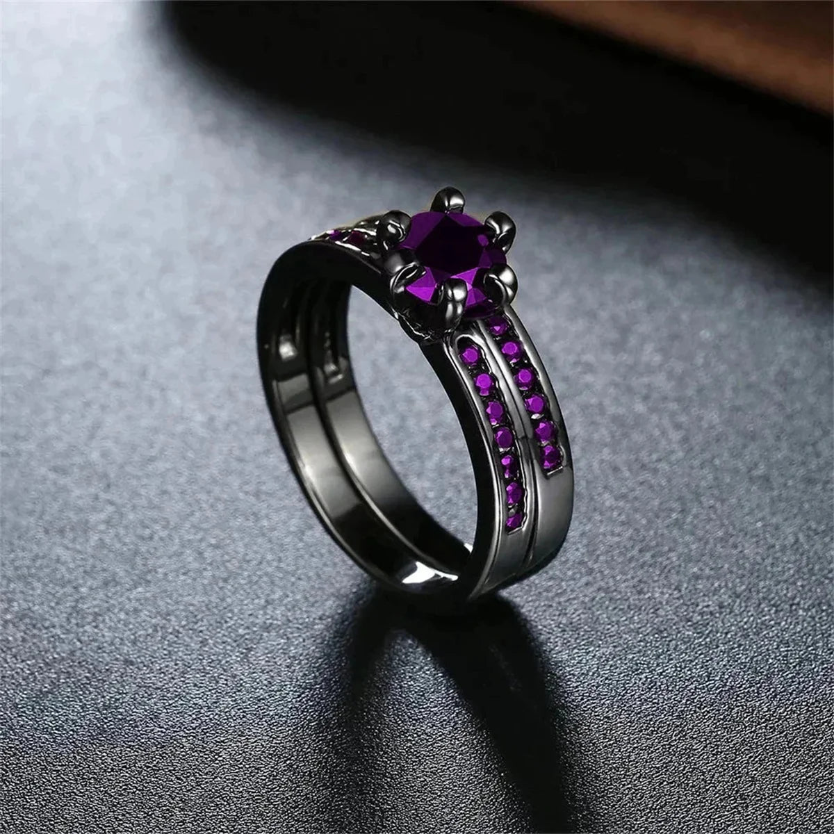 luckacco fashion couple rings charm purple rhinestones cz women rings set trendy men stainless steel zirconia ring wedding band jewelry