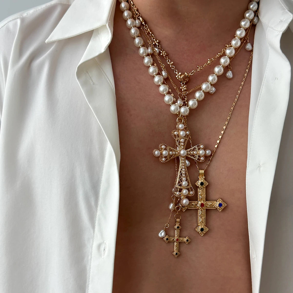 luckacco ingemark vintage creative big imitation pearl jesus cross pendant choker necklace for men luxury adjustable chain grunge jewelry
