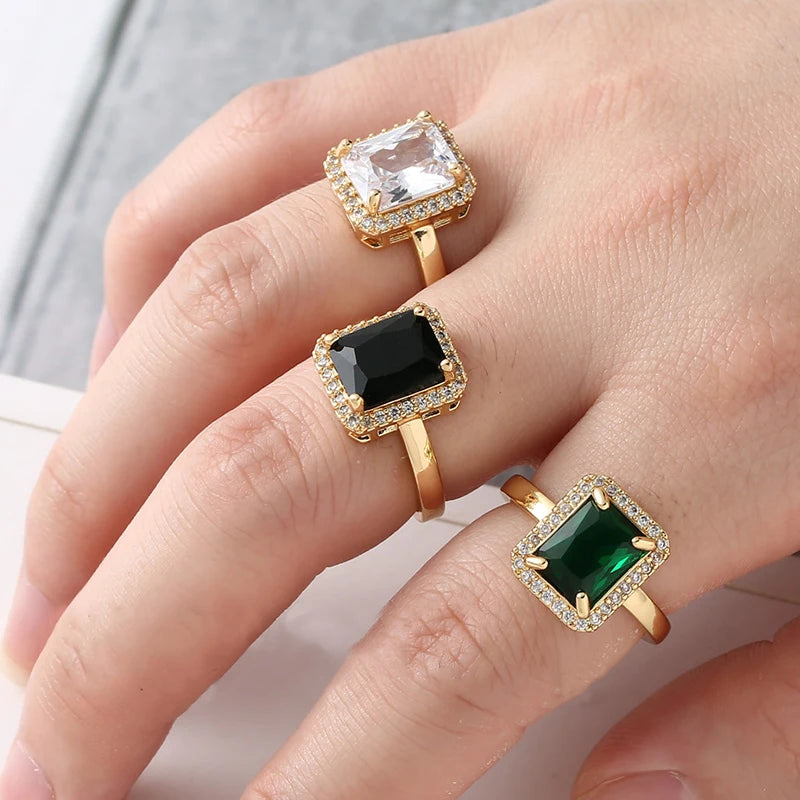 luckacco new arrivals women's rings zircon square green black open rings girls party finger ring fashion copper jewelry gifts