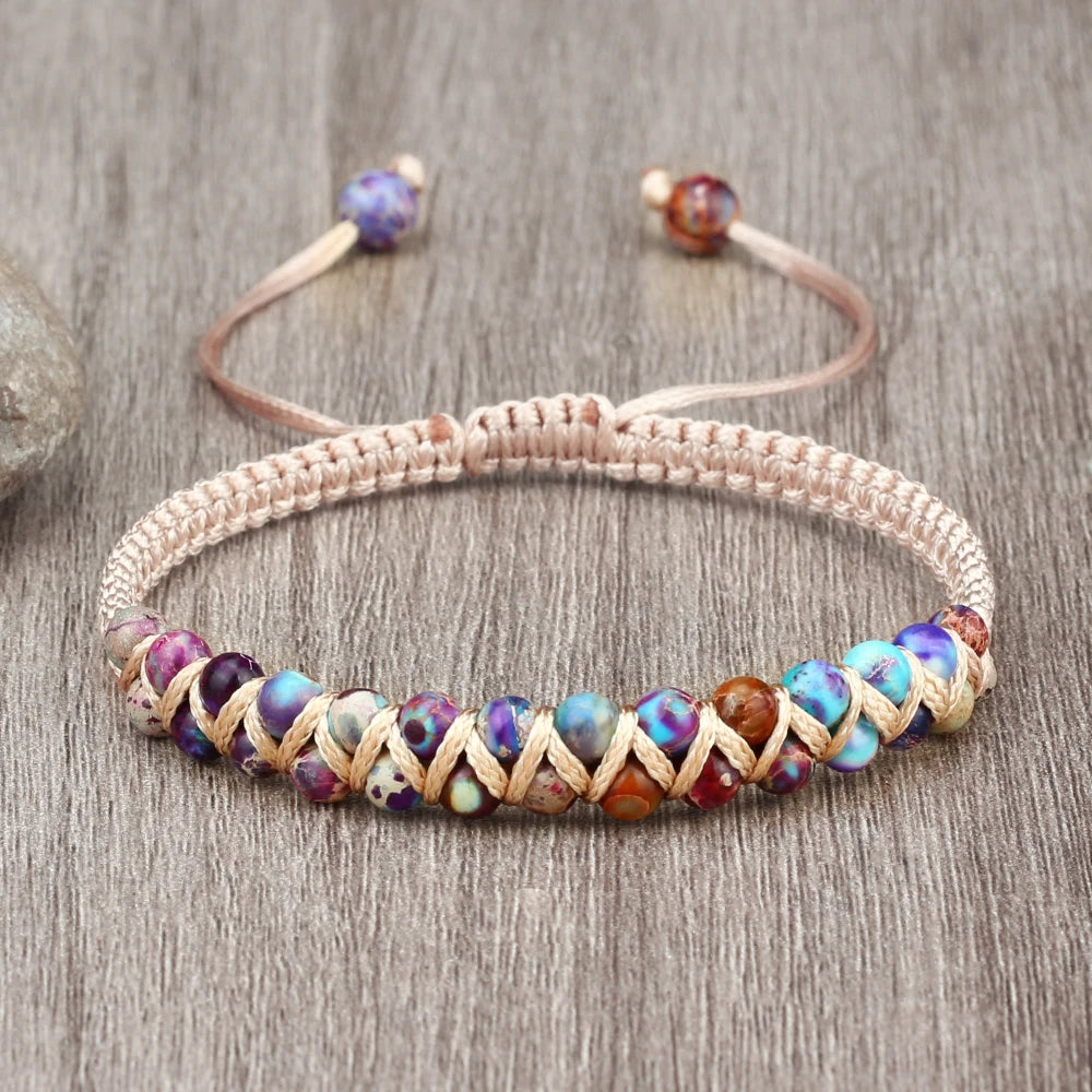 luckacco vintage 4mm natural stone beads bracelets & bangles for women men handmade adjustable braided rope chains meditation jewelry
