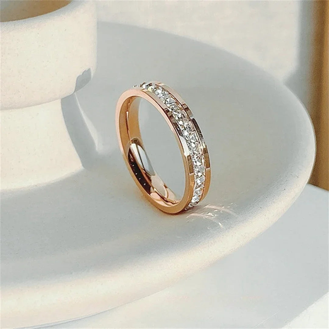luckacco luxury rose gold double rowed square zircon stainless steel ring women's romantic engagement wedding party jewelry women gift
