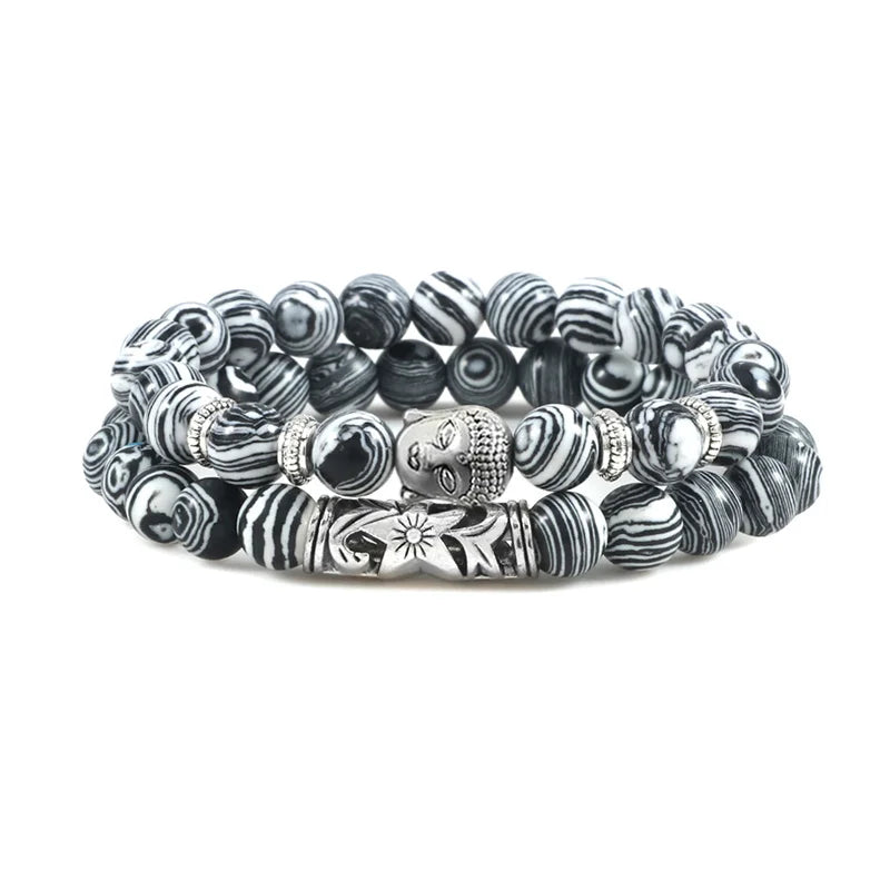 luckacco 2pcs/set buddha head bracelet for women men natural tiger eye lava stone yoga beads distance bracelets charm couple jewelry gift
